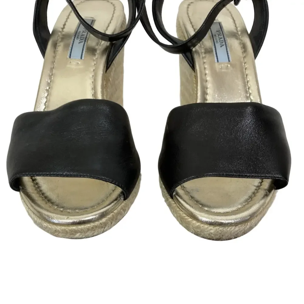 Prada Black Leather Ankle Strap Wedge Sandal 38 US 7.5 Goldtone Insole Open Toe
